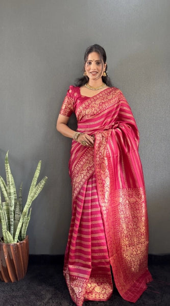 Mayawye Women's Silk Blend Woven Kanjivaram Saree With Unstitched Blouse (5.5Mtr, Pink)