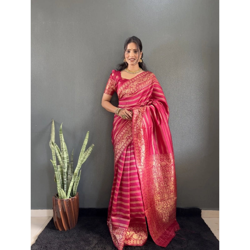 Mayawye Women's Silk Blend Woven Kanjivaram Saree With Unstitched Blouse (5.5Mtr, Pink)