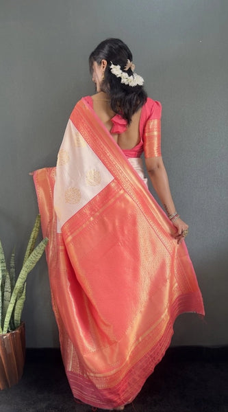 Mayawye Women's Silk Blend Woven Kanjivaram Saree With Unstitched Blouse (5.5Mtr, Peach)