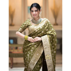 Mayawye Women's Silk Woven Kanjivaram Saree With Unstitched Blouse (5.5Mtr, Mehendi Green)