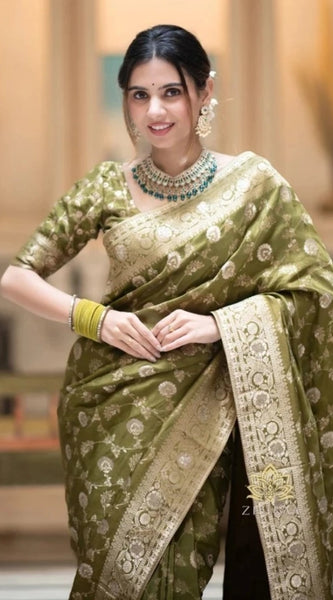 Mayawye Women's Silk Woven Kanjivaram Saree With Unstitched Blouse (5.5Mtr, Mehendi Green)