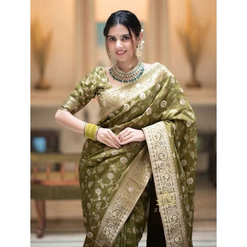Mayawye Women's Silk Woven Kanjivaram Saree With Unstitched Blouse (5.5Mtr, Mehendi Green)