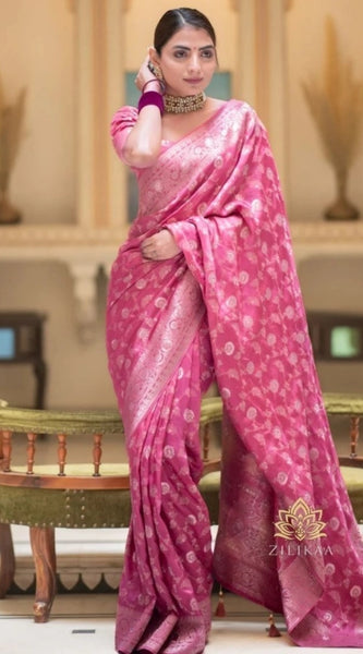 Mayawye Women's Silk Woven Kanjivaram Saree With Unstitched Blouse (5.5Mtr, Pink)