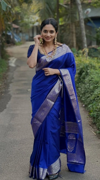 Mayawye Women's Silk Woven Kanjivaram Saree With Unstitched Blouse (5.5Mtr, Blue)