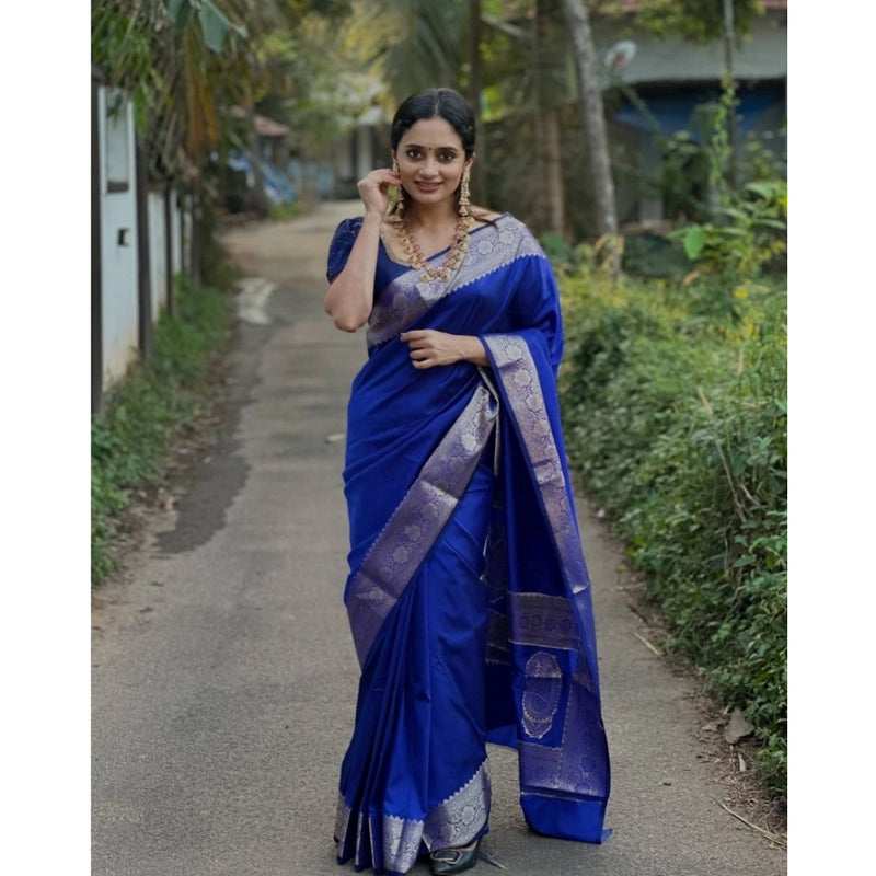 Mayawye Women's Silk Woven Kanjivaram Saree With Unstitched Blouse (5.5Mtr, Blue)
