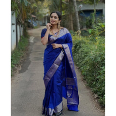 Mayawye Women's Silk Woven Kanjivaram Saree With Unstitched Blouse (5.5Mtr, Blue)