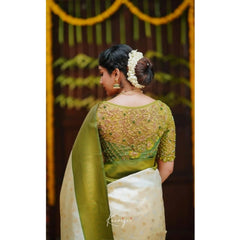 Mayawye Women's Silk Blend Self Design Banarasi Saree With Unstitched Blouse (5.5Mtr, White Green)