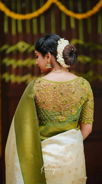Mayawye Women's Silk Blend Self Design Banarasi Saree With Unstitched Blouse (5.5Mtr, White Green)