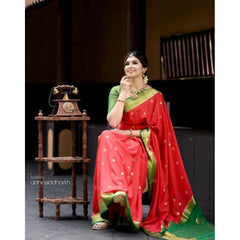 Mayawye Women's Silk Blend Self Design Banarasi Saree With Unstitched Blouse (5.5Mtr, Red Green)