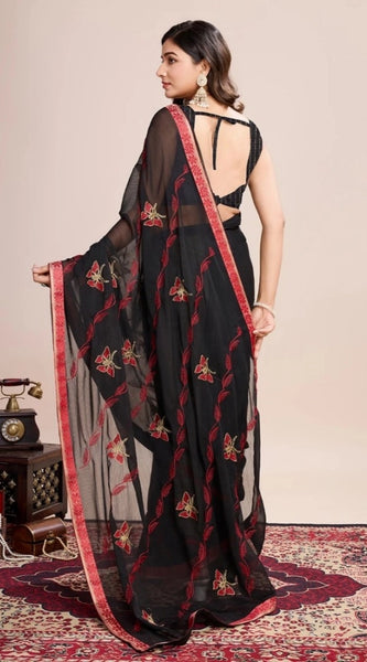 Mayawye Women's Georgette Printed  Saree With Unstitched Blouse (5.5Mtr, Red)