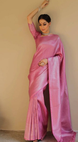 Mayawye Women's Silk Blend Woven Kanjivaram Saree With Unstitched Blouse (5.5Mtr, Pink)