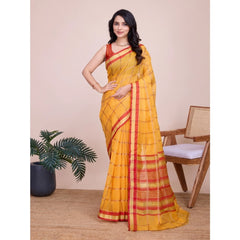 Mayawye Women's Cotton Silk Checkered Kota Doria Saree With Unstitched Blouse (5.5Mtr, Yellow)
