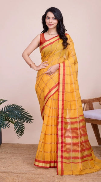 Mayawye Women's Cotton Silk Checkered Kota Doria Saree With Unstitched Blouse (5.5Mtr, Yellow)