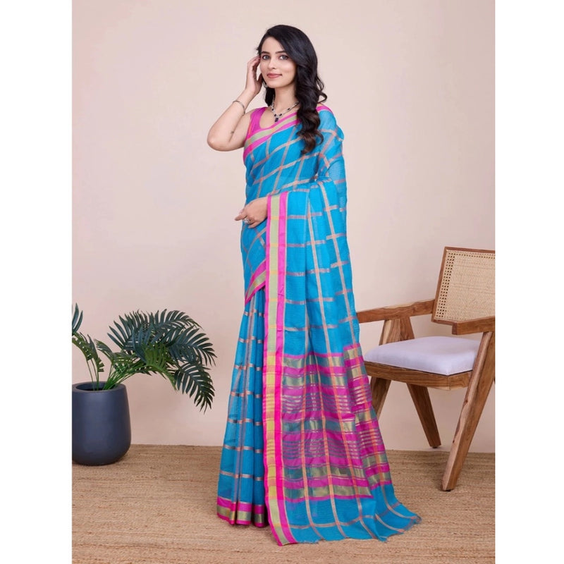 Mayawye Women's Cotton Silk Checkered Kota Doria Saree With Unstitched Blouse (5.5Mtr, Sky Blue)