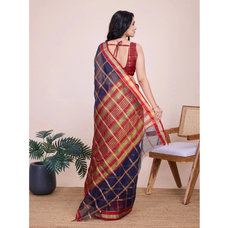 Mayawye Women's Cotton Silk Checkered Kota Doria Saree With Unstitched Blouse (5.5Mtr, Navy Blue)