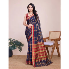 Mayawye Women's Cotton Silk Checkered Kota Doria Saree With Unstitched Blouse (5.5Mtr, Navy Blue)