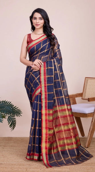 Mayawye Women's Cotton Silk Checkered Kota Doria Saree With Unstitched Blouse (5.5Mtr, Navy Blue)