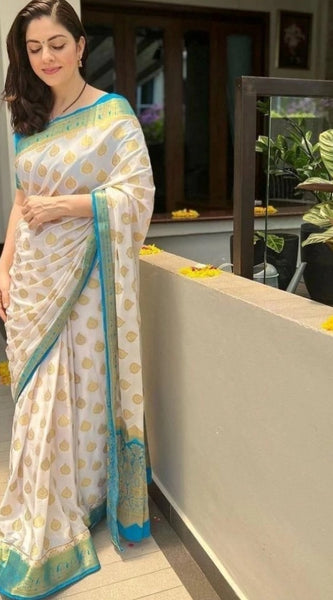Mayawye Women's Silk Blend Woven Kanjivaram Saree With Unstitched Blouse (5.5Mtr, White Rama)