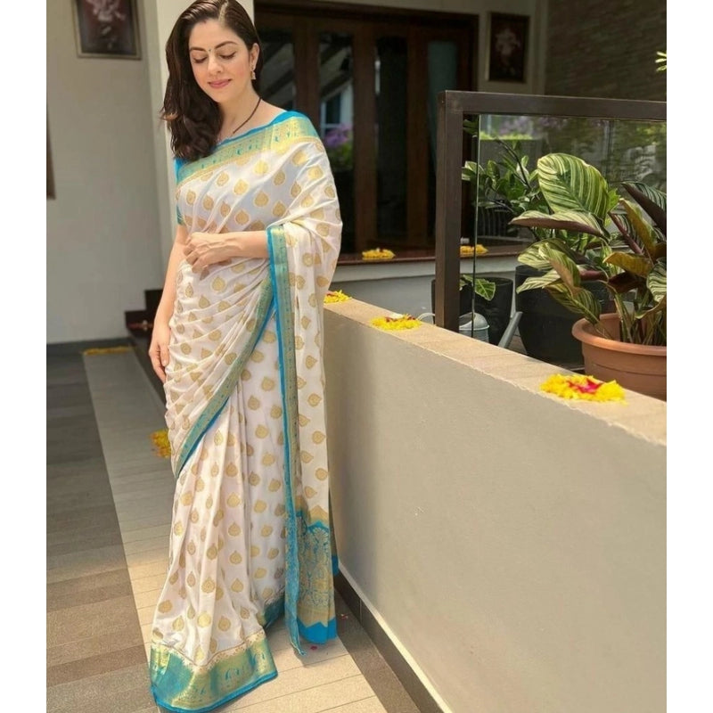 Mayawye Women's Silk Blend Woven Kanjivaram Saree With Unstitched Blouse (5.5Mtr, White Rama)