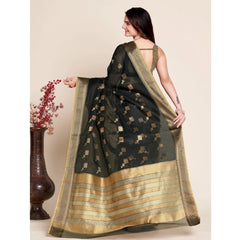 Mayawye Women's Silk Blend Printed Banarasi Saree With Unstitched Blouse (5.5Mtr, Black)