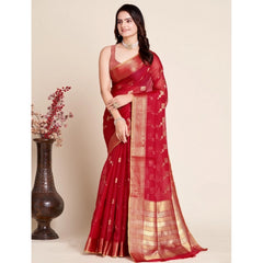Mayawye Women's Silk Blend Printed Banarasi Saree With Unstitched Blouse (5.5Mtr, Dark Rani)
