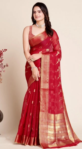 Mayawye Women's Silk Blend Printed Banarasi Saree With Unstitched Blouse (5.5Mtr, Dark Rani)