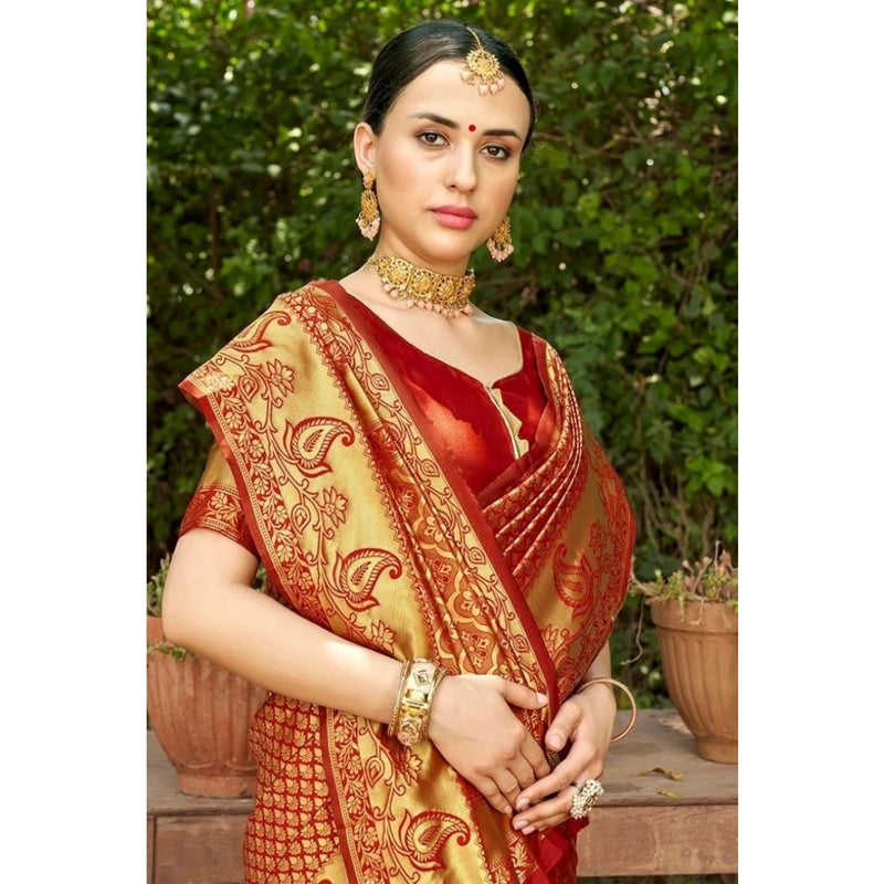 Mayawye Women's Silk Woven Kanjivaram Saree With Unstitched Blouse (5.5Mtr, Red)