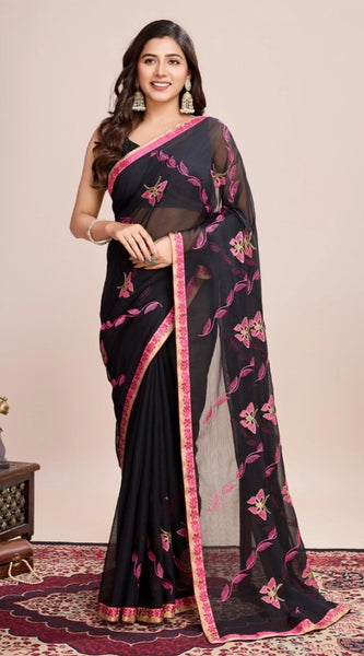 Mayawye Women's Georgette Printed  Saree With Unstitched Blouse (5.5Mtr, Pink)