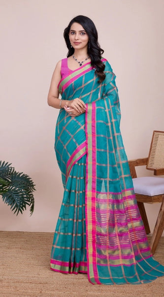 Mayawye Women's Cotton Silk Checkered Kota Doria Saree With Unstitched Blouse (5.5Mtr, Rama)