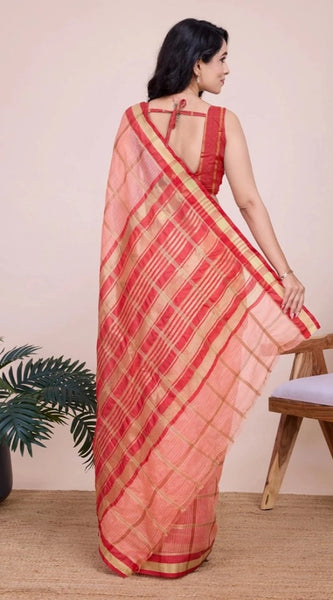 Mayawye Women's Cotton Silk Checkered Kota Doria Saree With Unstitched Blouse (5.5Mtr, Peach)