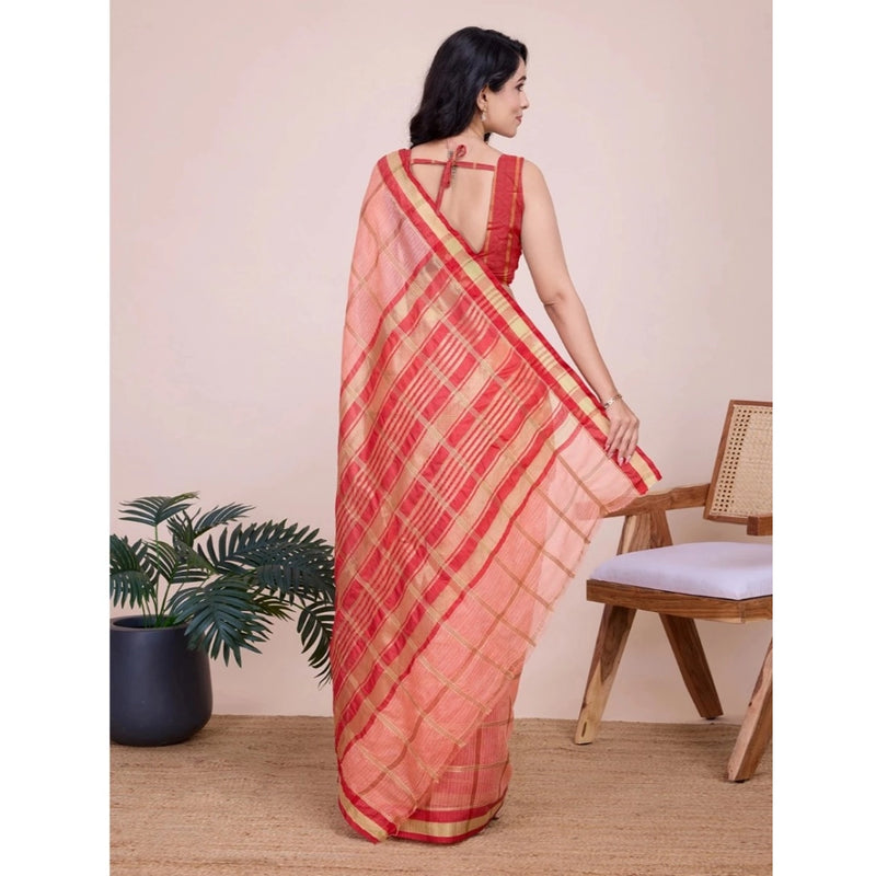 Mayawye Women's Cotton Silk Checkered Kota Doria Saree With Unstitched Blouse (5.5Mtr, Peach)