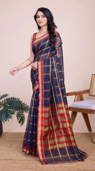 Mayawye Women's Cotton Silk Checkered Kota Doria Saree With Unstitched Blouse (5.5Mtr, Navy Blue)
