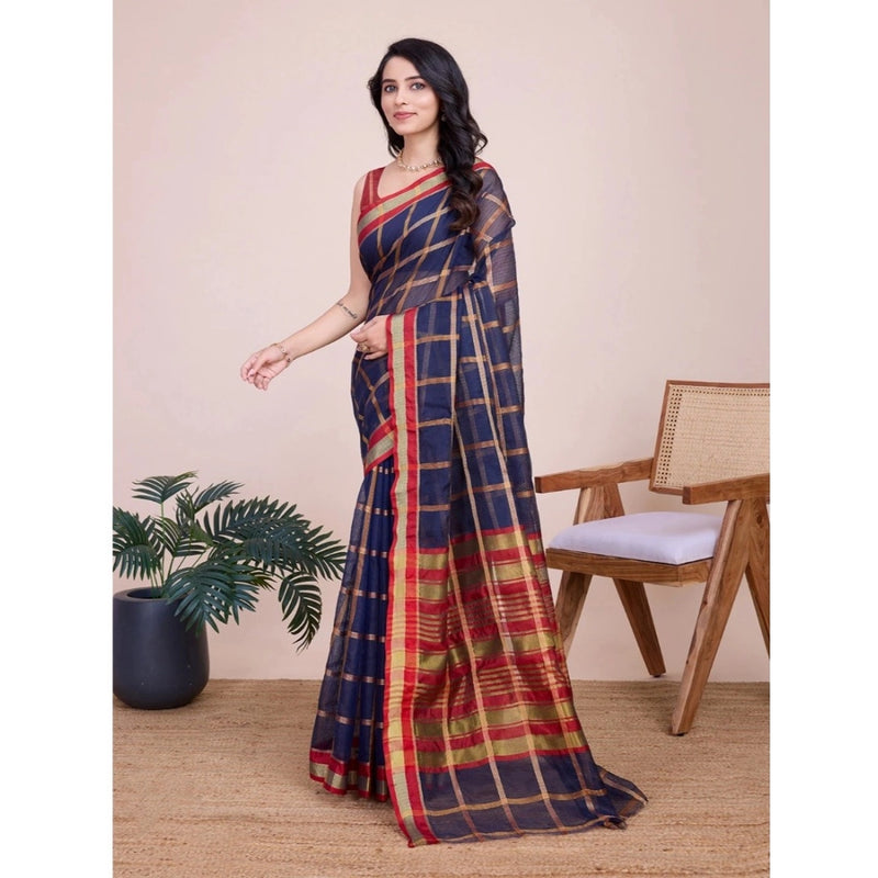 Mayawye Women's Cotton Silk Checkered Kota Doria Saree With Unstitched Blouse (5.5Mtr, Navy Blue)