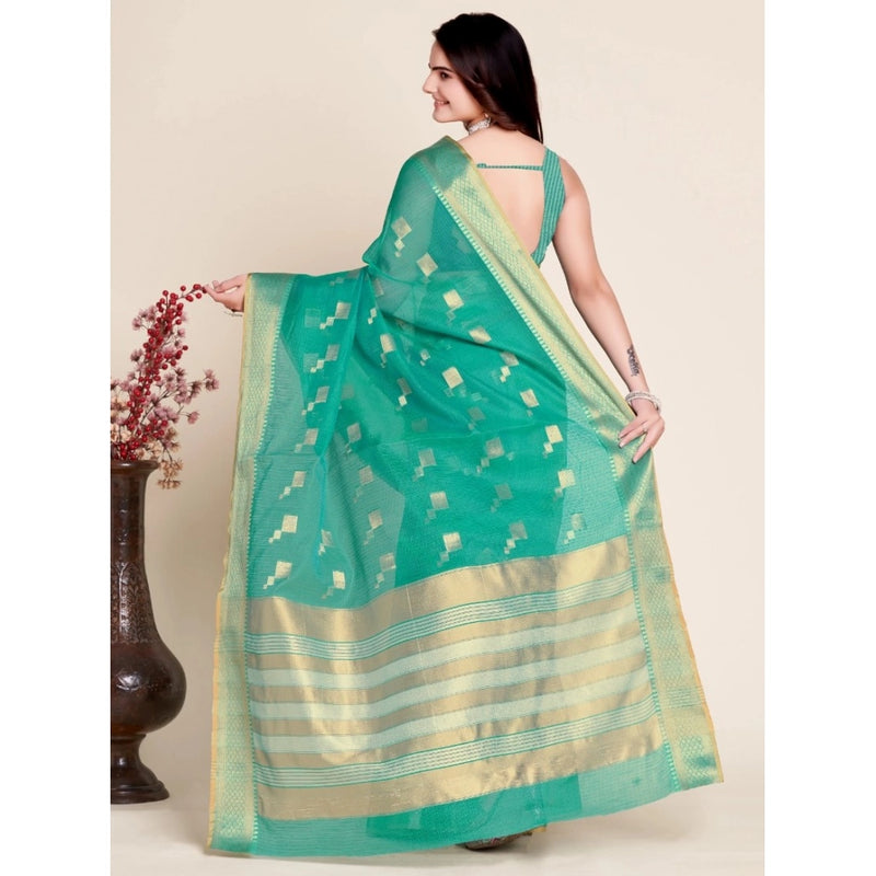 Mayawye Women's Silk Blend Printed Banarasi Saree With Unstitched Blouse (5.5Mtr, Rama Green)