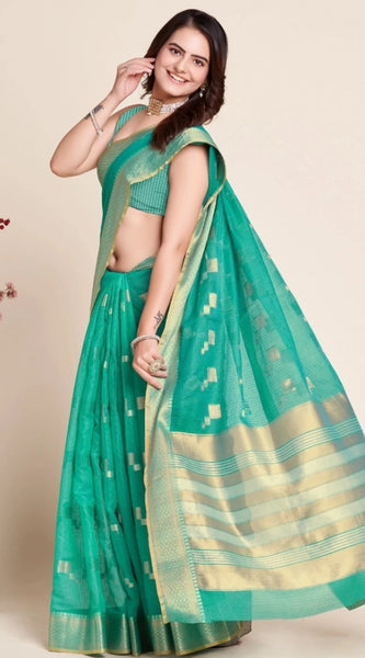 Mayawye Women's Silk Blend Printed Banarasi Saree With Unstitched Blouse (5.5Mtr, Rama Green)