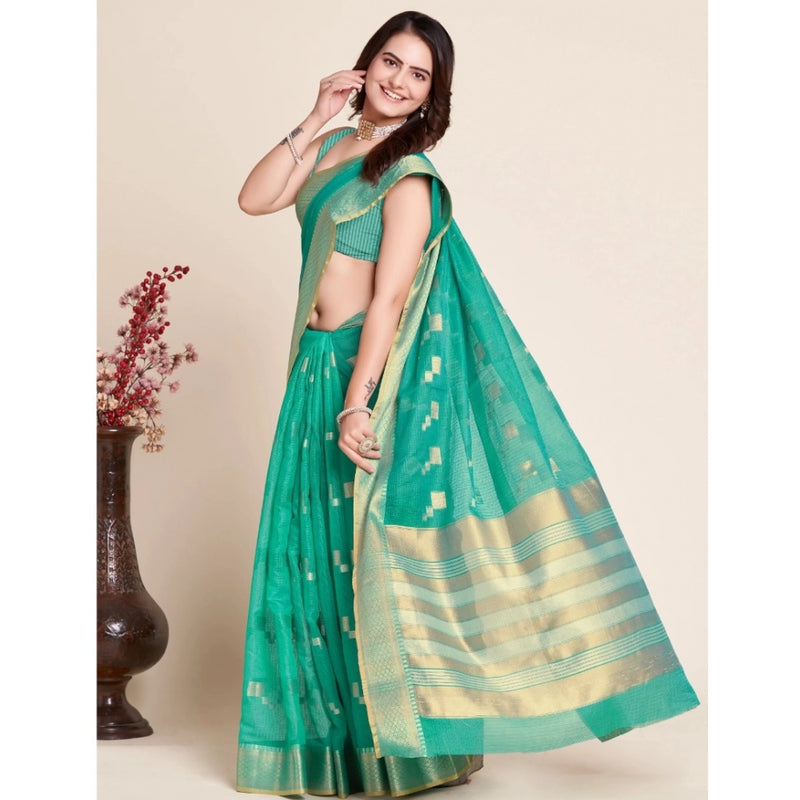 Mayawye Women's Silk Blend Printed Banarasi Saree With Unstitched Blouse (5.5Mtr, Rama Green)