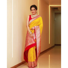 Mayawye Women's Silk Blend Self Design Banarasi Saree With Unstitched Blouse (5.5Mtr, Yellow Red)