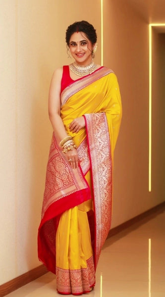 Mayawye Women's Silk Blend Self Design Banarasi Saree With Unstitched Blouse (5.5Mtr, Yellow Red)