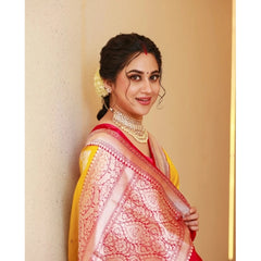 Mayawye Women's Silk Blend Self Design Banarasi Saree With Unstitched Blouse (5.5Mtr, Yellow Red)