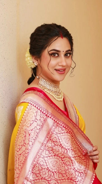 Mayawye Women's Silk Blend Self Design Banarasi Saree With Unstitched Blouse (5.5Mtr, Yellow Red)
