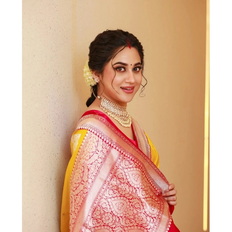 Mayawye Women's Silk Blend Self Design Banarasi Saree With Unstitched Blouse (5.5Mtr, Yellow Red)