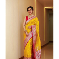 Mayawye Women's Silk Blend Self Design Banarasi Saree With Unstitched Blouse (5.5Mtr, Yellow Red)