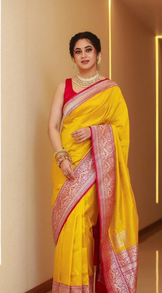 Mayawye Women's Silk Blend Self Design Banarasi Saree With Unstitched Blouse (5.5Mtr, Yellow Red)