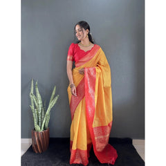 Mayawye Women's Silk Blend Woven Kanjivaram Saree With Unstitched Blouse (5.5Mtr, Yellow Red)