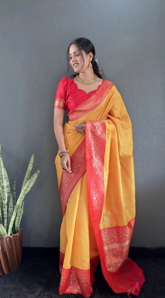 Mayawye Women's Silk Blend Woven Kanjivaram Saree With Unstitched Blouse (5.5Mtr, Yellow Red)