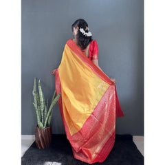 Mayawye Women's Silk Blend Woven Kanjivaram Saree With Unstitched Blouse (5.5Mtr, Yellow Red)