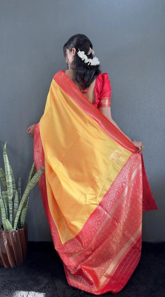 Mayawye Women's Silk Blend Woven Kanjivaram Saree With Unstitched Blouse (5.5Mtr, Yellow Red)