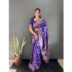 Mayawye Women's Silk Blend Woven Kanjivaram Saree With Unstitched Blouse (5.5Mtr, Purple)