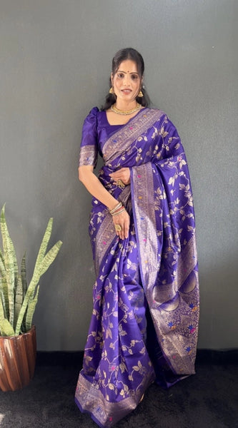 Mayawye Women's Silk Blend Woven Kanjivaram Saree With Unstitched Blouse (5.5Mtr, Purple)