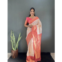 Mayawye Women's Silk Blend Woven Kanjivaram Saree With Unstitched Blouse (5.5Mtr, Peach)